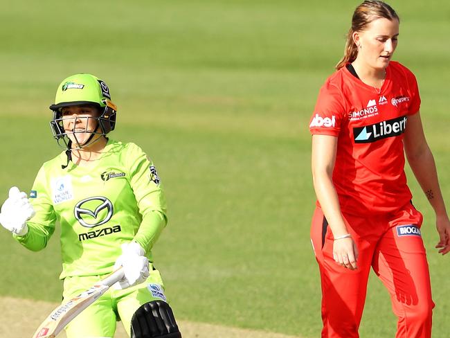 Lauren Smith hits a boundary off Rosemary Mair, who later had the last laugh. Picture: Getty Images