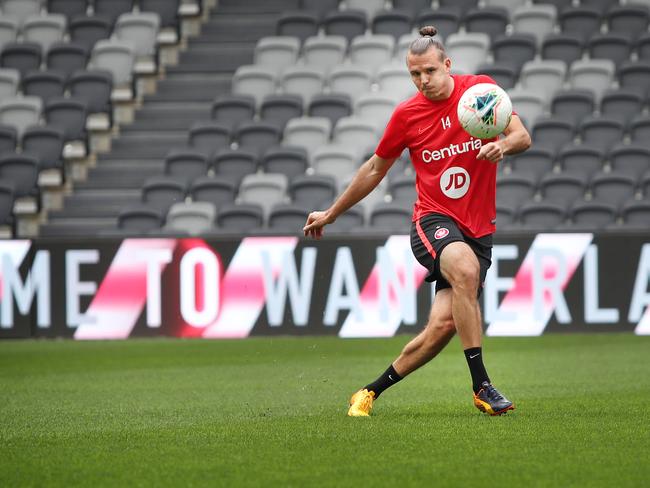 Pictured at Bankwest Stadium in Parramatta are Western Sydney Wanderers players Mitchell Duke, Alexander Meier and Mohamed Adam ahead of theWanderers' opening round game against Central Coast Mariners on Saturday night. Picture: Richard Dobson