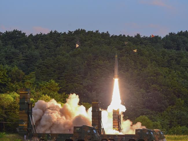 South Korea’s Hyunmoo II ballistic missile is fired on Monday in a live-fire exercise simulating an attack on North Korea’s nuclear test site to ‘strongly warn’ Pyongyang over Sunday’s nuclear test. Picture: South Korea Defence Ministry via AP