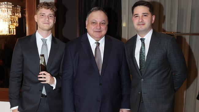 MELBOURNE, AUSTRALIA – MAY 28 2024 Ben Bradley, Steve Loe and Chris Jamgotchian at the CommBank Young Hero Awards held at the Langham Hotel in Melbourne. Picture: Brendan Beckett