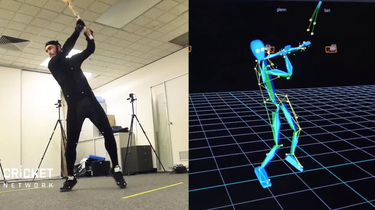 Melbourne Stars player Glenn Maxwell being motion-captured for the game (left) and how it appeared in the computer modelling (right). 