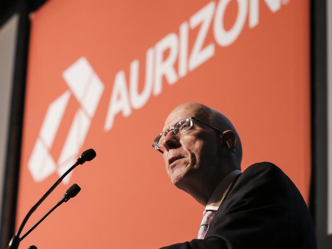 Aurizon chief executive Lance Hockridge talking to shareholders at annual general meeting at the Sofitel, Brisbane. Pic Mark Cranitch.