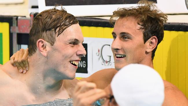 ADELAIDE, AUSTRALIA - APRIL 11: Cameron McEvoy of Australia is congratulated by Kyle Chalmers after winning the Men's 100 Metre Freestyle during day five of the Australian Swimming Championships at the South Australian Aquatic & Leisure Centre on April 11, 2016 in Adelaide, Australia. (Photo by Quinn Rooney/Getty Images)