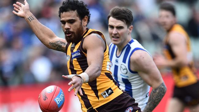 Cyril Rioli of the Hawks kicks a goal.