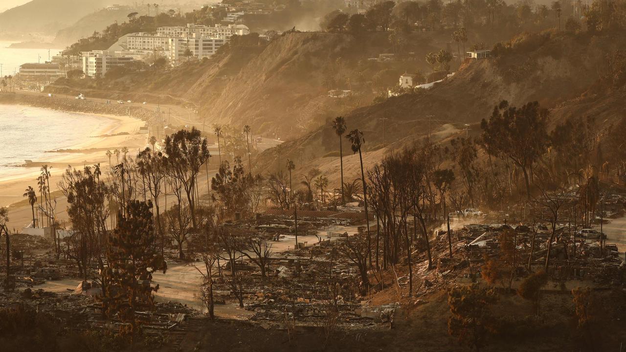 A view of destroyed homes as the Palisades fire continues to burn. Picture: AFP