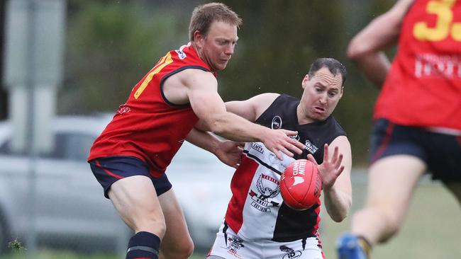 Football. SFL. Dodges Ferry V New Norfolk. Tim Cannan Dodges Ferry and Rohan Heron New Norfolk. Picture: Nikki Davis-Jones