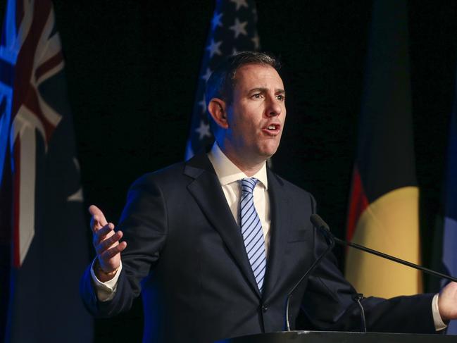 BRISBANE, AUSTRALIA - NewsWire Photos - JULY 9, 2024:Treasurer Jim Chalmers delivers the keynote address to Australia-US two-day forum in Brisbane on the future of banking in Pacific countries. Picture: NewsWire / Glenn Campbell