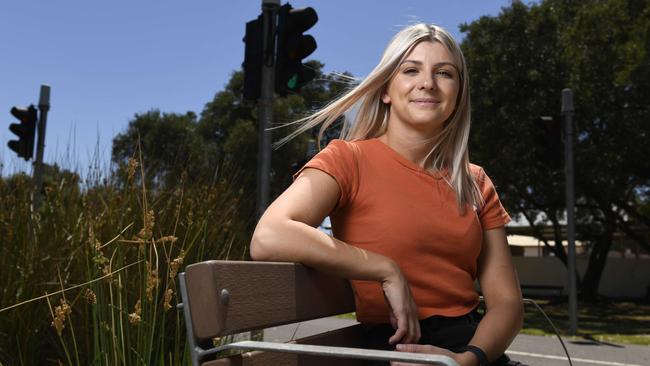 The brave face of Holly Scott, SAPOL's first Road Safety Ambassador … four years on for a horror crash in the Adelaide Hills she continues to fight back against the injuries she sustained and is determined to educate other young drivers. Picture: Naomi Jellicoe