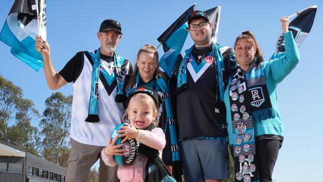 The family of Port’s Brandon Zerk-Thatcher. Two year old niece Scarlett, along with from left, Shane Elphick (Stepfather), Shelby Elphick, (Sister and Scarlett’s mum), Jayden Elphick-Thatcher, brother), and Brandon’s mum, Karen Elphick. Picture: Dean Martin