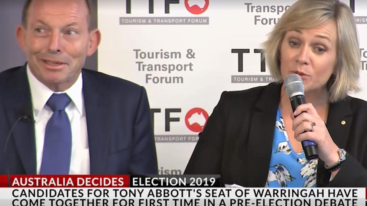 Mr Abbott’s reaction to Ms Steggall’s accusation about “lying advertising”. Picture: Sky News