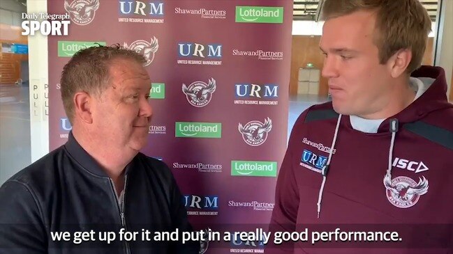 Dean Ritchie chats with the Sea Eagles' Jake Trbojevic