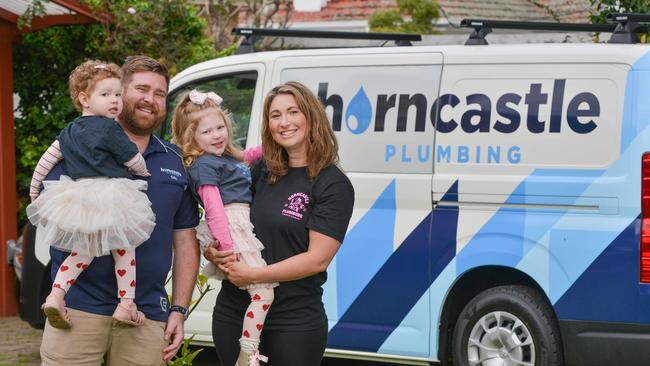 Best Plumber Cal Horncastle of Horncastle Plumbing with his wife Ilse and daughters Nina, 3, and Nellie, 18 months. Picture: Brenton Edwards