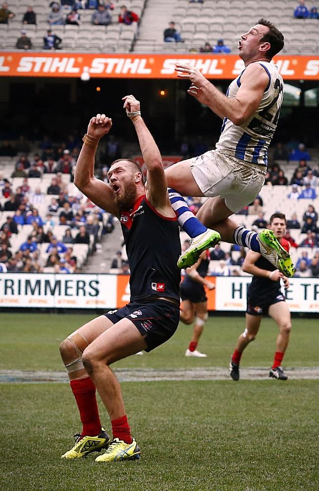 Todd Goldstein arguably won the ruck battle against Max Gawn. Picture: Wayne Ludbey