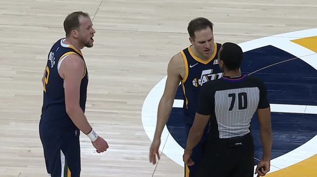 Joe Ingles (left) confronts the referee. Picture: NBA