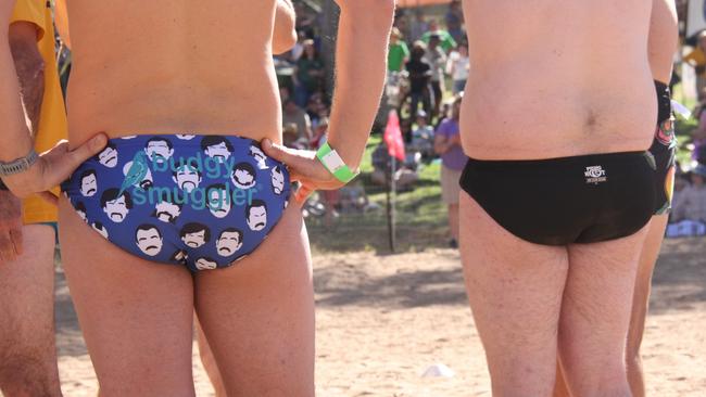 Competitors in the mens budgie smugglers bared almost everything at the Henley on Todd in Alice Springs, Saturday, August 17, 2024. Picture: Gera Kazakov