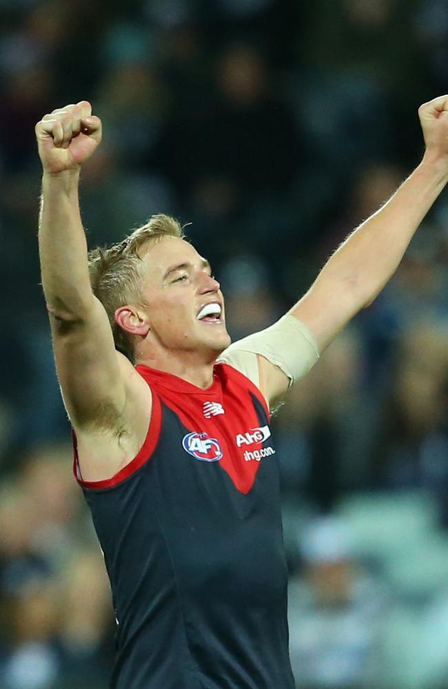 Vince celebrates Melbourne’s win over the Cats after the final siren.