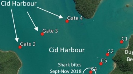 The locations of the acoustic receivers deployed in Cid Harbour (red). The site where the 2018 attacks happened is also marked. PHOTO: James Cook University