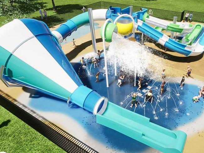 Artist impression of new vortex slide and double bucket water play, equipment that is on its way to Victor Harbor Holiday and Cabin Park. Image: Supplied