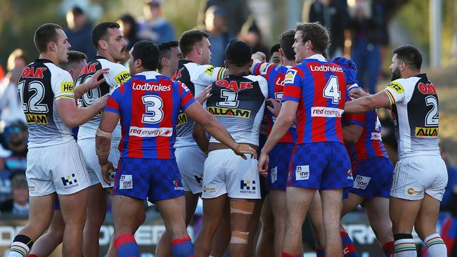 Panthers and Knights players fight during the round 23 NRL match between the Penrith Panthers and the Newcastle Knights at Panthers Stadium. Picture: Getty Images