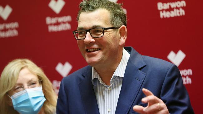 Premier Daniel Andrews responds to questions while touring Geelong Hospital on Friday. Picture: Alan Barber