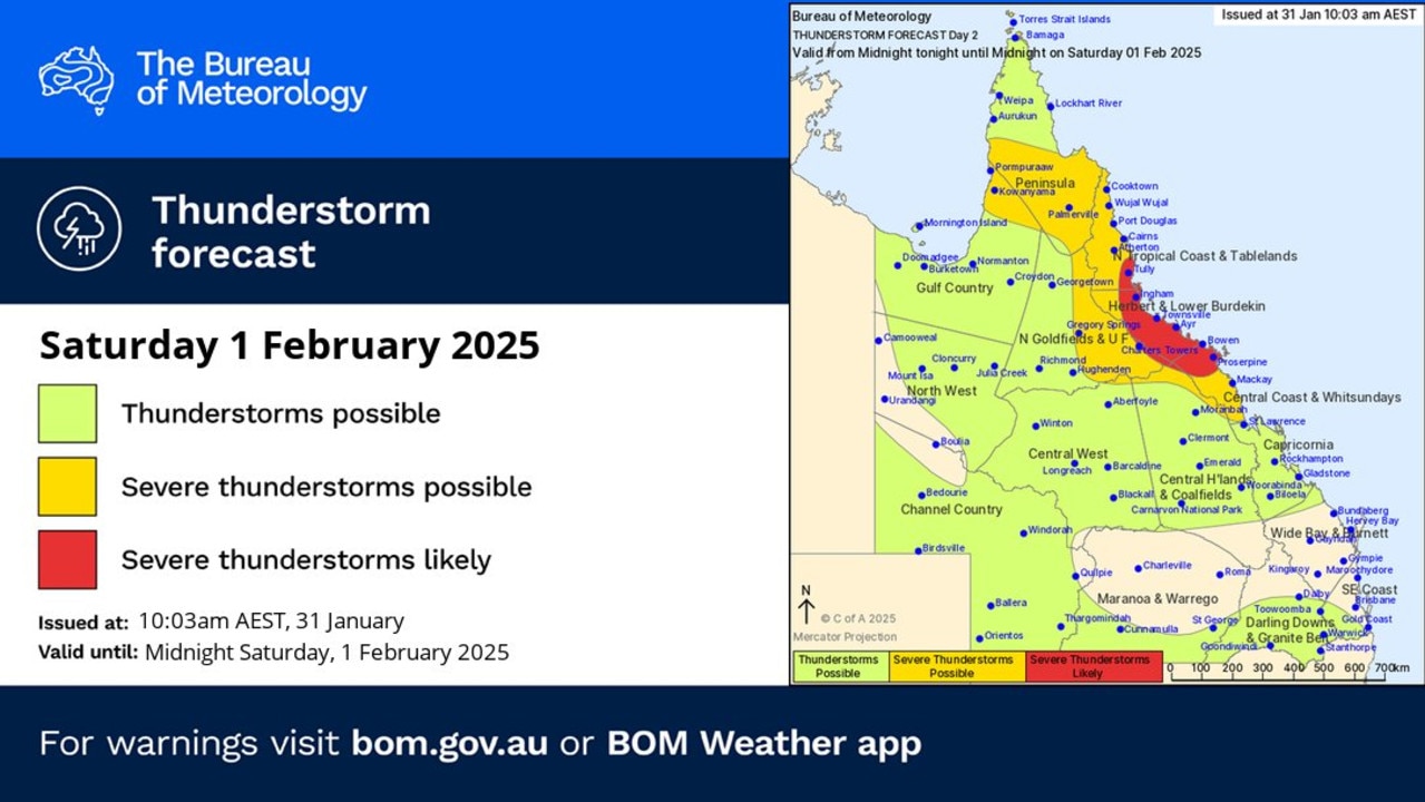 The severe weather forecast for Saturday. Picture: Bureau of Meteorology