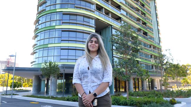 Stranded Opal Tower resident Delsa Daryaei. Picture: Simon Bullard