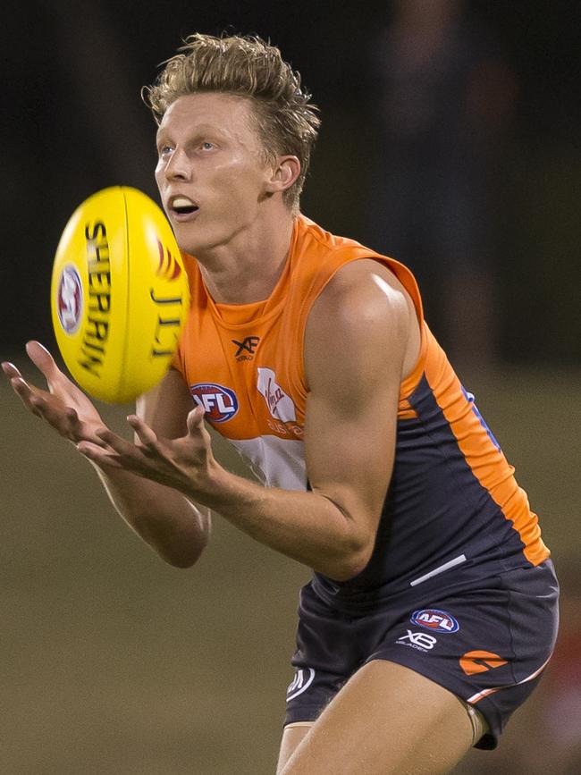 Giants Lachie Whitfield marks the football in the JLT Community Series opener. Picture: Craig Golding