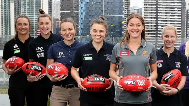 Collingwood’s Nicola Stevens and Carlton’s Bianca Jakobsson (both left) were all smiles at the women’s draft in October, but that is set to change when the teams open the inaugural AFLW season next year. Picture: Tim Carrafa