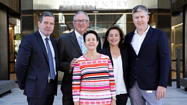 Managing director and Healthscope CEO` Gordon Ballantyne, MP Brad Hazzard, former CEO of NBH Deborah Latta, Surgeon Stuart Pincott and former Medical Director of NBH Louise Messara out the front of the new Northern Beaches Hospital. Picture: Adam Yip.