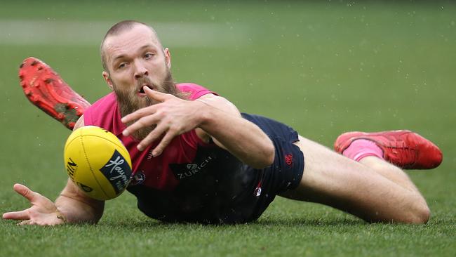 AFL Round 21. 12/08/2018. Melbourne v Sydney at the MCG. Melbourne's Max Gawn at ground level. Pic: Michael Klein