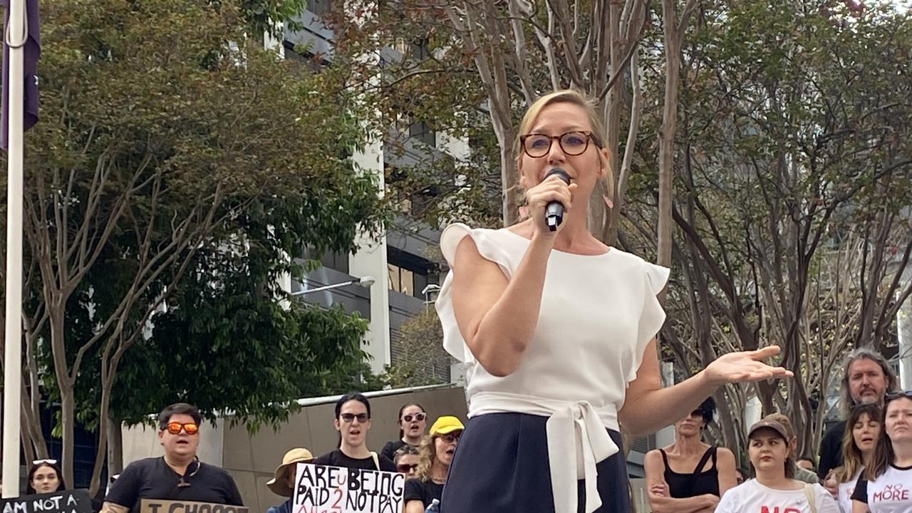 Senator Larissa Waters at the sexual violence and domestic violence rally at King George Square, Brisbane on April 28,2024.