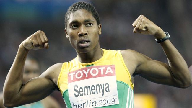 FILE - In this Wednesday, Aug. 19, 2009 file photo South Africa's Caster Semenya celebrates after winning the gold medal in the final of the Women's 800m during the World Athletics Championships in Berlin. Caster Semenya will find out Wednesday, May 1, 2019 if she has won her appeal against IAAF rules to curb female runners' high natural levels of testosterone. (AP Photo/Anja Niedringhaus, File)