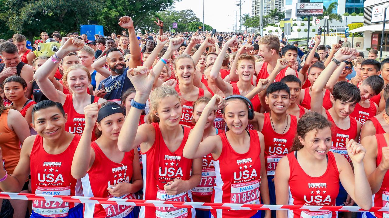 Competitors line up for the start of the Gold Coast Airport Fun Run including a large contingent of American teenagers.  Pics Tim Marsden