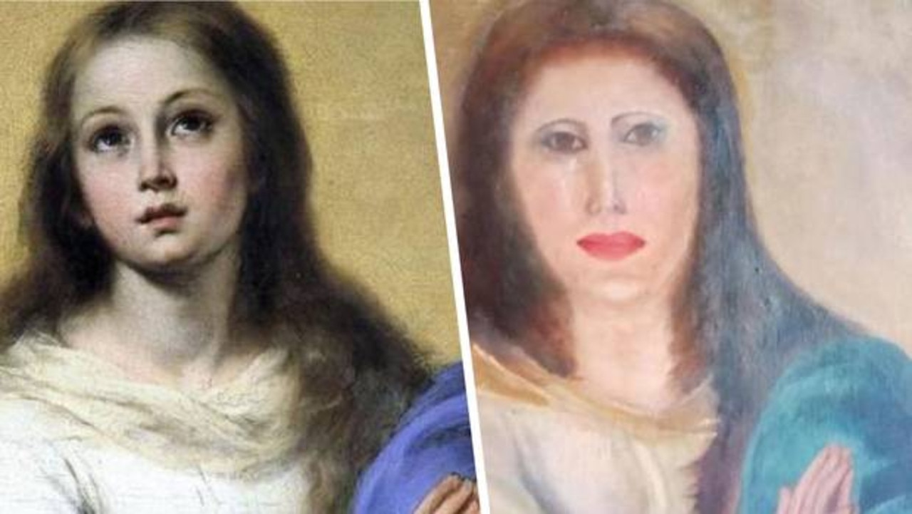 The Immaculate Conception by Bartolomé Esteban Murillo before and after the restoration.