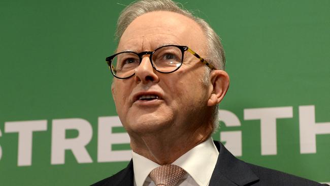 MELBOURNE, AUSTRALIA - NewsWire Photos FEBRUARY 26, 2025: Prime Minister Anthony Albanese hold up a Medicare Card during a press conference at the Urgent Care Clinic at the Goonawarra Medical Centre in Sunbury. Picture: NewsWire / Andrew Henshaw