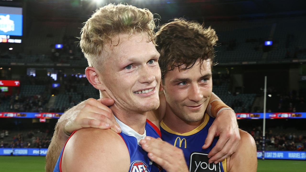 Best mates Bulldog Adam Treloar and Josh Dunkley after Brisbane’s clash with the Bulldogs. Pic: Michael Klein