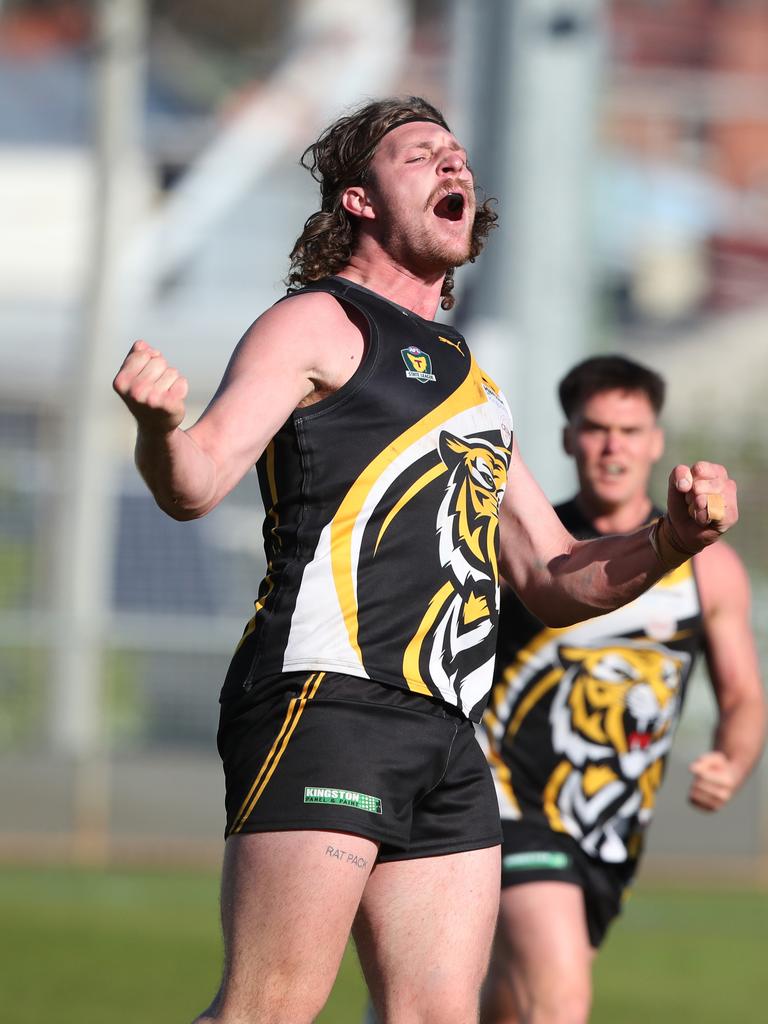 Jack Tomkinson Tigers celebrates a goal. TSL grand final Kingborough Tigers V North Launceston. Picture: Nikki Davis-Jones
