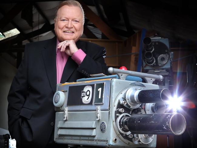 Bert Newton with an old studio camera from the early years of GTV studio. Picture: David Caird.