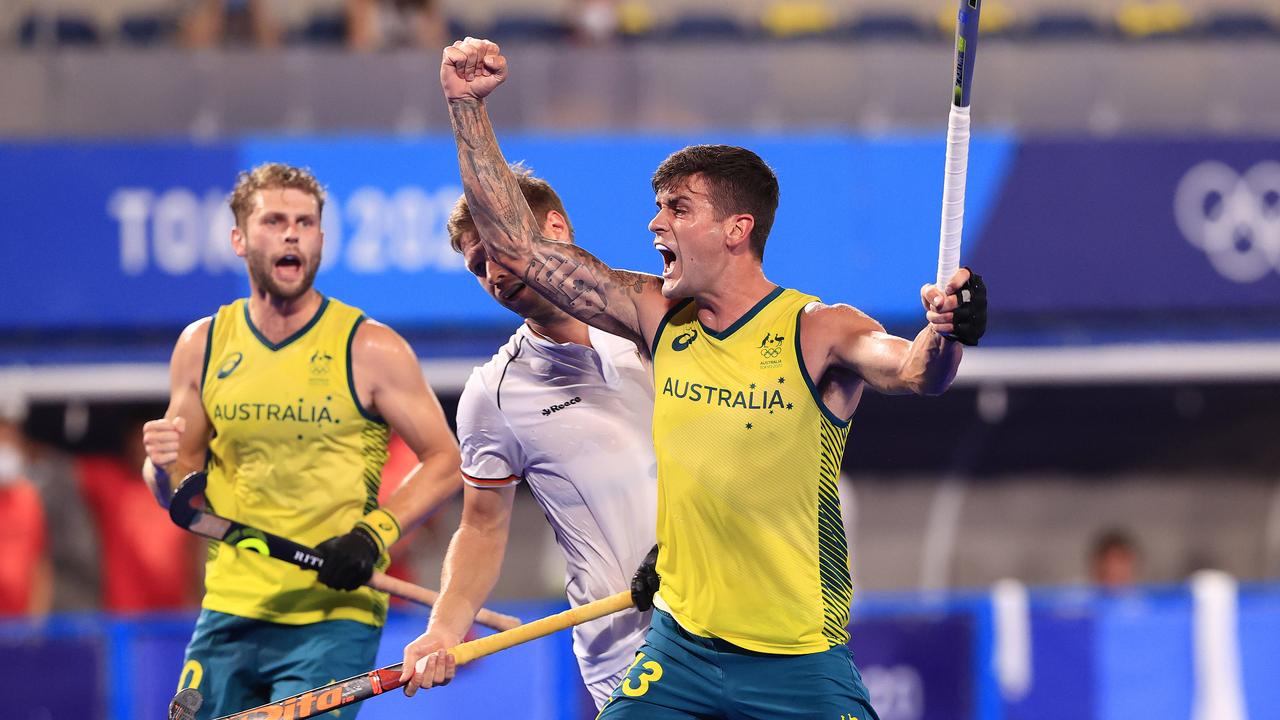 Blake Govers celebrates his second-quarter rocket as the Kookaburras booked their place in the gold medal match. Picture: Adam Head