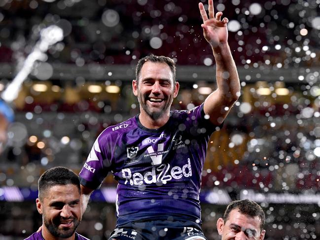 BRISBANE, AUSTRALIA - OCTOBER 16: Cameron Smith of the Storm is chaired from the field after the NRL Preliminary Final match between the Melbourne Storm and the Canberra Raiders at Suncorp Stadium on October 16, 2020 in Brisbane, Australia. (Photo by Bradley Kanaris/Getty Images)