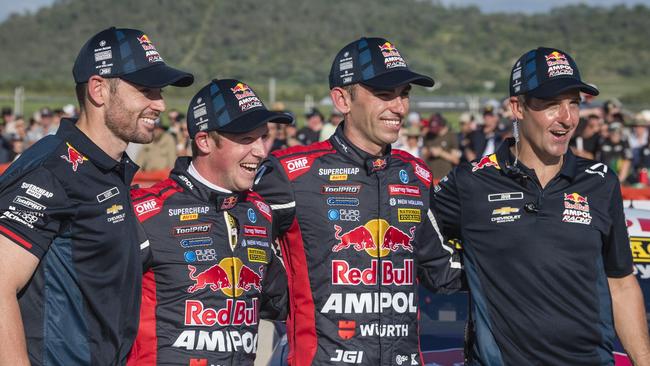 V8 Supercars team Red Bull Ampol Racing (from left) Scott Pye, Will Brown, Broc Feeney, and Jamie Whincup at the launch of the 2024 livery at Toowoomba Wellcamp Airport, Saturday, February 3, 2024. Picture: Kevin Farmer