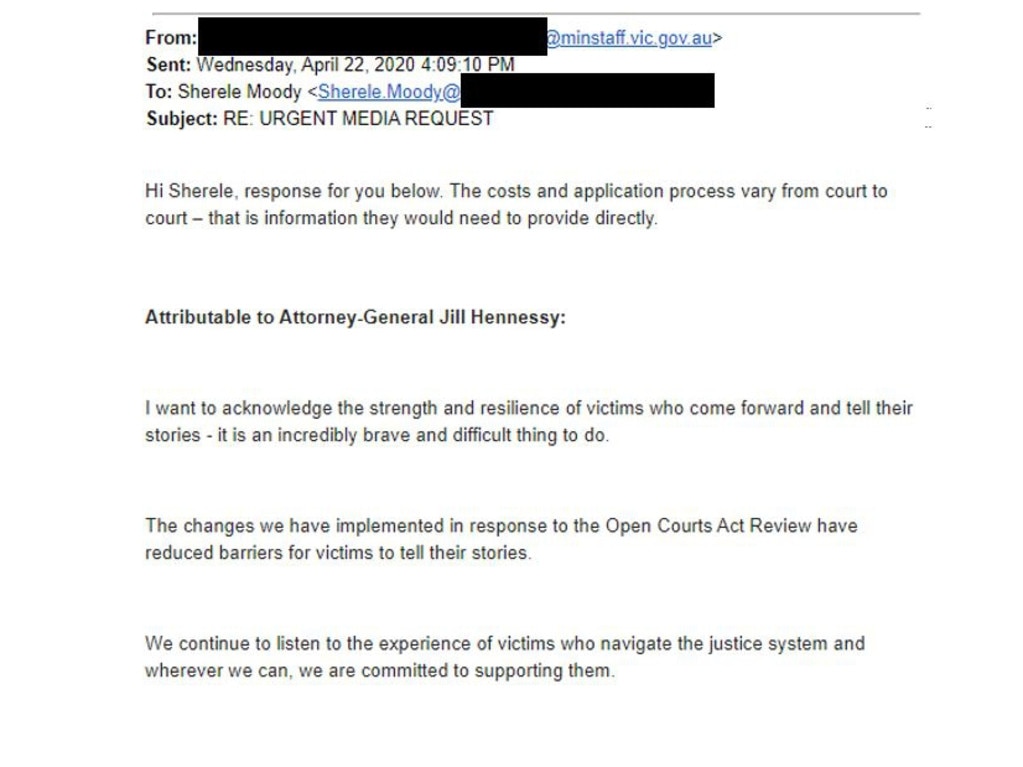 Emails from Victoria Attorney-General’s office to journalist Sherele Moody.