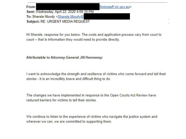 Emails from Victoria Attorney-General’s office to journalist Sherele Moody.