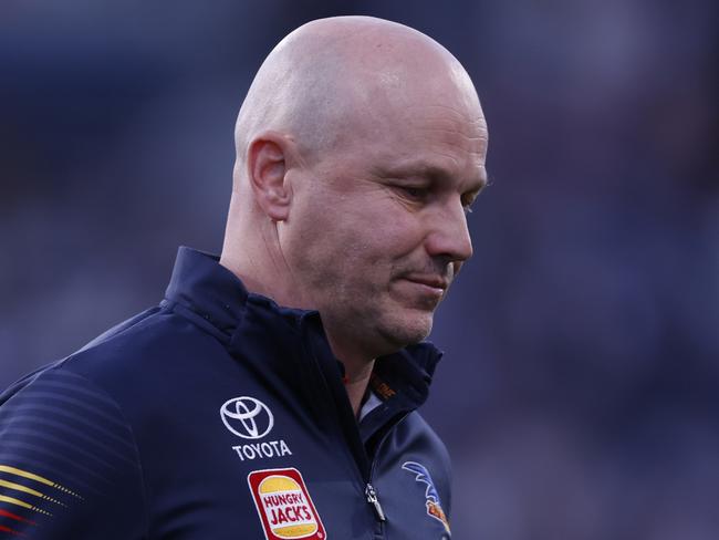 GEELONG, AUSTRALIA - AUGUST 03: Matthew Nicks, Senior Coach of the Crows is seen during the round 21 AFL match between Geelong Cats and Adelaide Crows at GMHBA Stadium, on August 03, 2024, in Geelong, Australia. (Photo by Darrian Traynor/Getty Images)