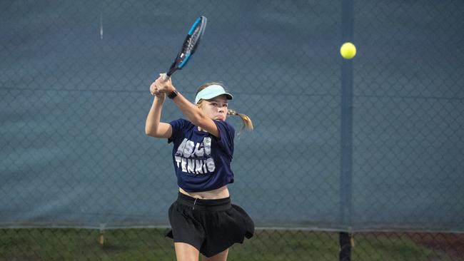 Ivy Lauder competes in an under-12 girls quarterfinal against Elise Virr in the Rafa Nadal Tour at the Toowoomba Regional Tennis Centre, Sunday, May 2, 2021. Picture: Kevin Farmer