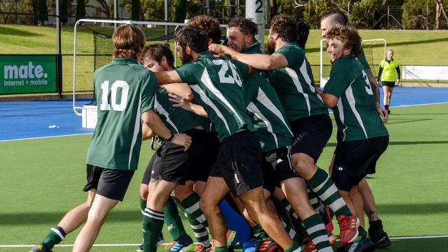 Barossa’s men’s side celebrates after winning the penalty shootout against Riverland in the Hockey SA Country Championships on Sunday. Picture: Brenton Edwards