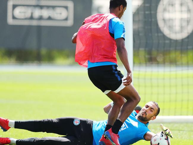 Goalkeeper Mark Birighitti keeps the ball during a Melbourne City A-League training session. Picture: Michael Dodge/Getty Images