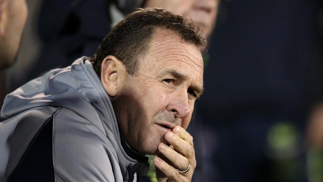 BATHURST, AUSTRALIA — JUNE 10: Raiders coach Ricky Stuart watches on from the bench during the round 14 NRL match between the Penrith Panthers and the Canberra Raiders at Carrington Park on June 10, 2017 in Bathurst, Australia. (Photo by Mark Kolbe/Getty Images)