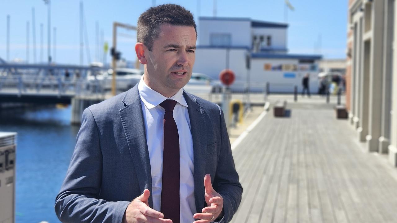 Labor leader MP Dean Winter speaks to the media on the Hobart waterfront on Wednesday, December 4, 2024.