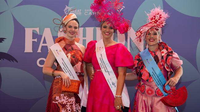 Mietta Russell , Candace King and Alanna Oppermann at the 2024 Darwin Cup Carnival Fashions on Field. Picture: Pema Tamang Pakhrin